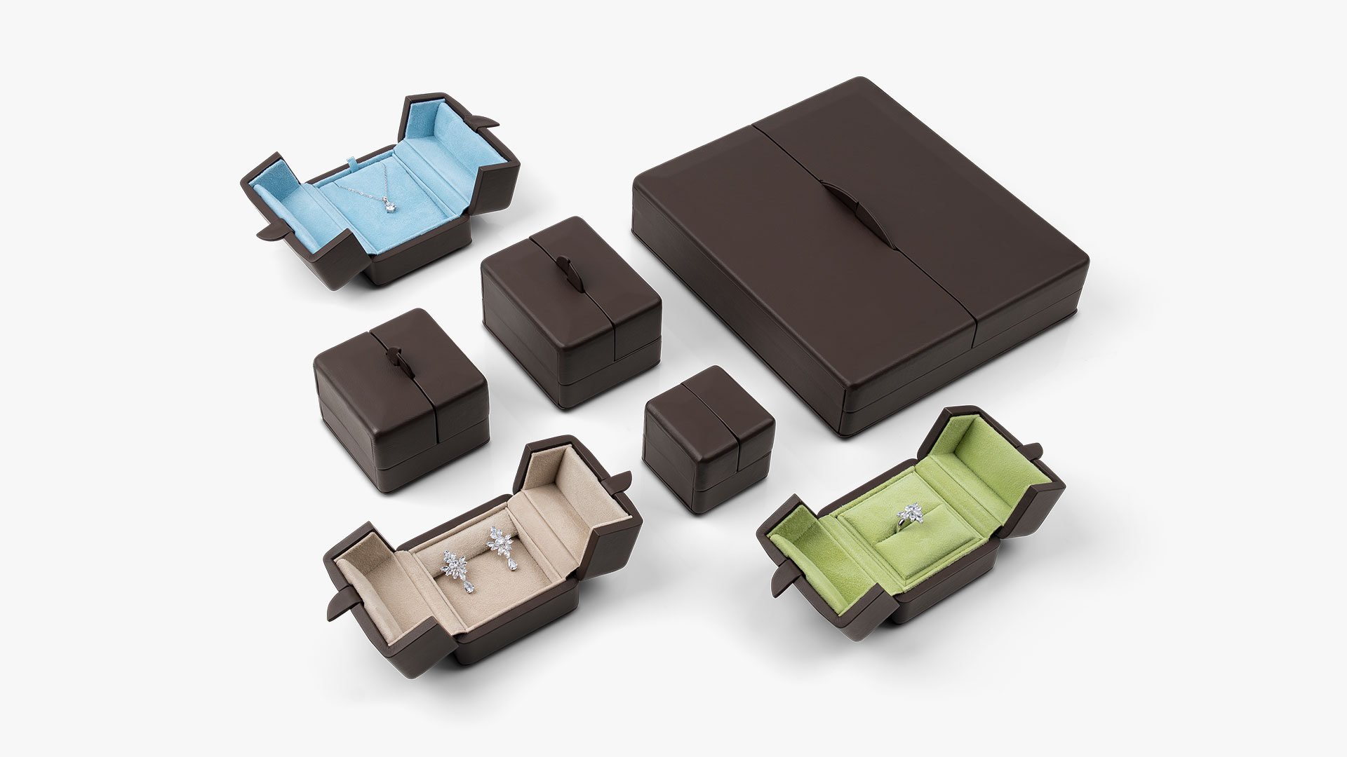 Arrangement der Etuiserie in verschiedenen Ausführungen in der Außenfarbe Terra.