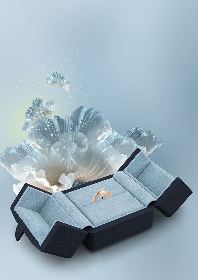 Kleines offenes Ring-Etui in Dunkelblau mit einem hellblauen Innenleder, das einen Goldring enthält.