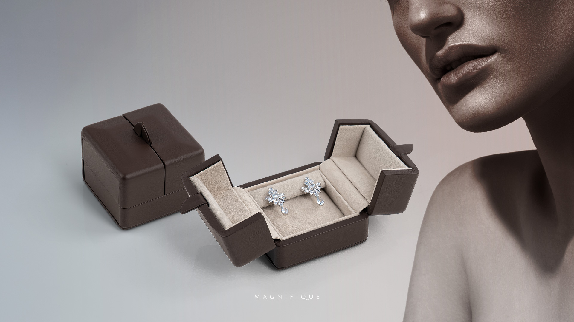 Elegantes Ohrschmuck-Etui mit Außenfarbe Terra und Innenfarbe Naturel.