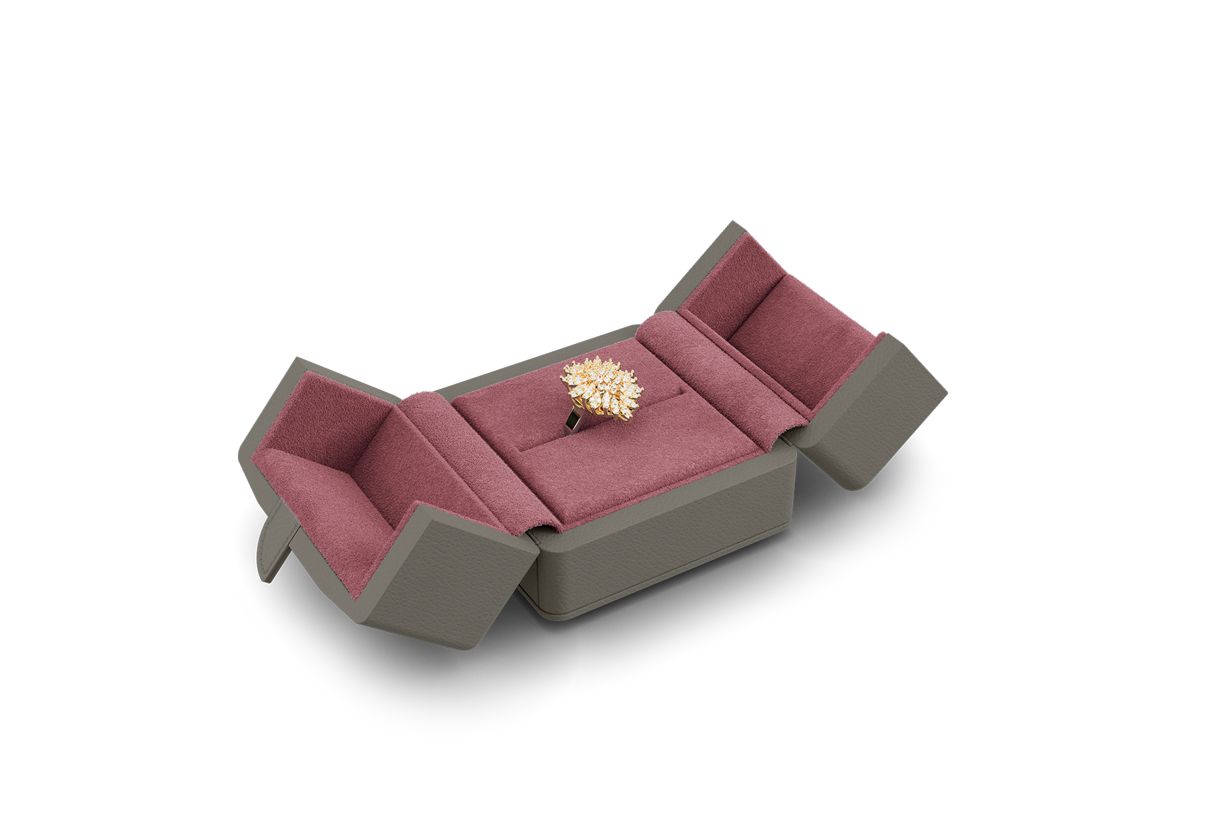 Ring-Etui mit Ringbäckchen offen in Grau und Pink.