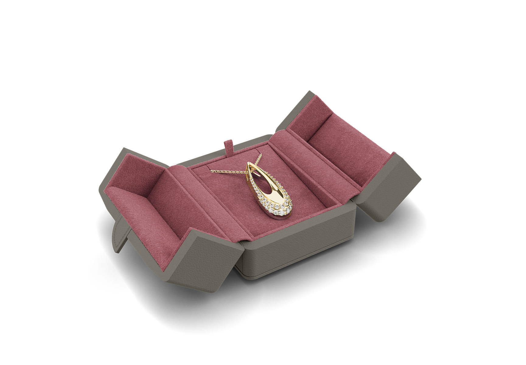 Anhänger-Etui offen in Grau und Pink.