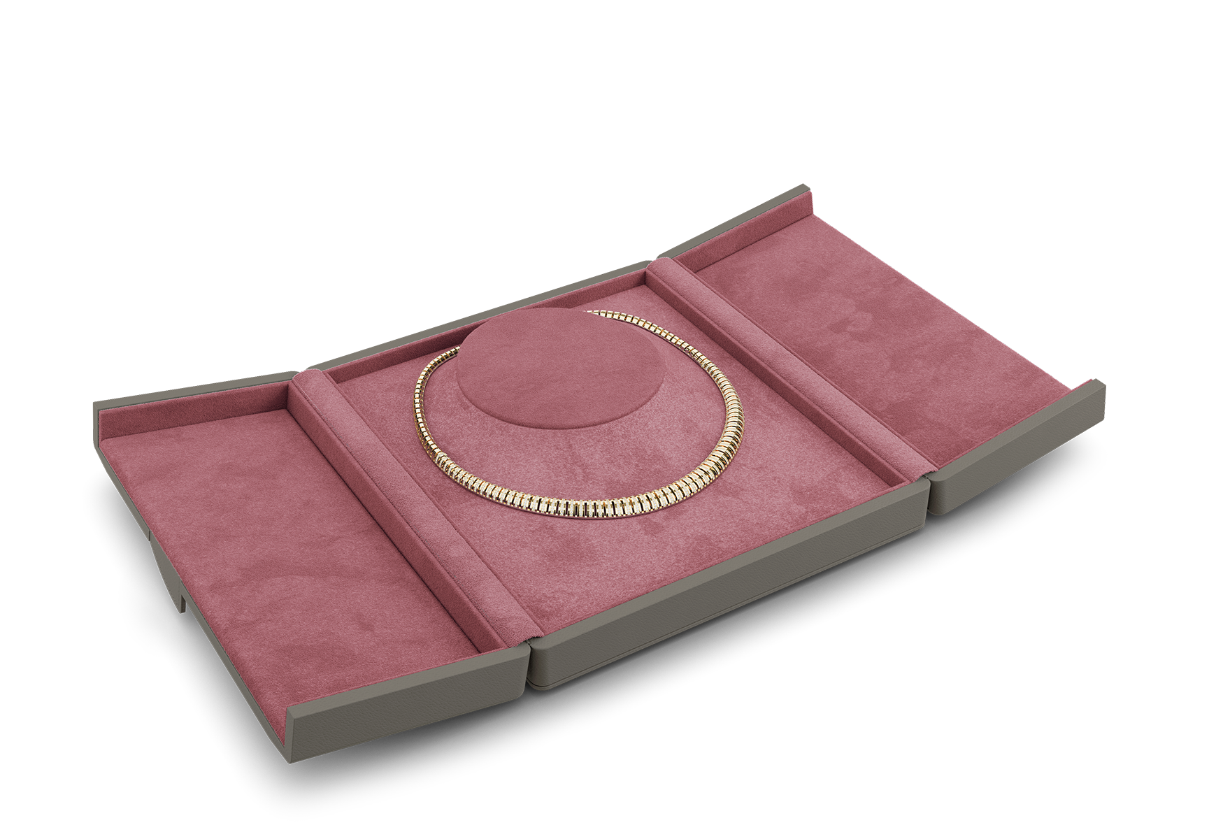Collier-Etui offen in Grau und Pink.