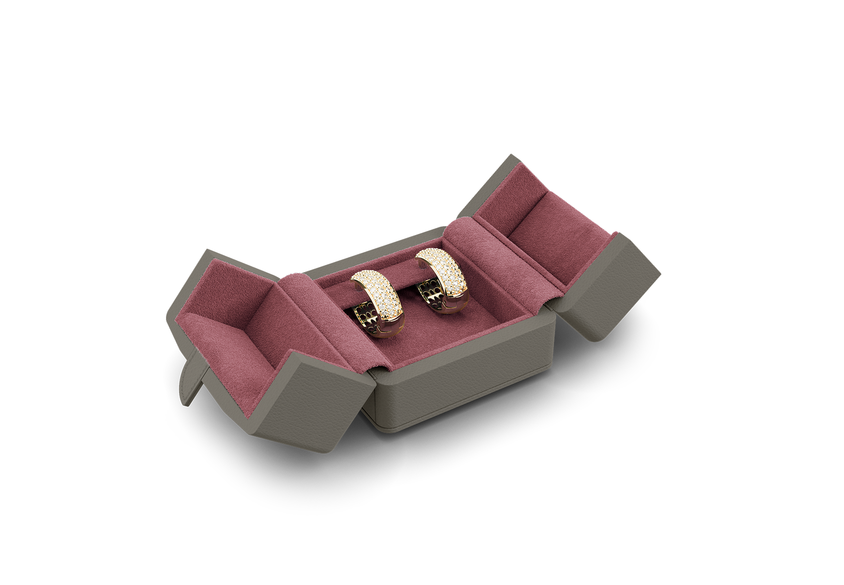 Ohrschmuck-Etui klein offen in Grau und Pink.