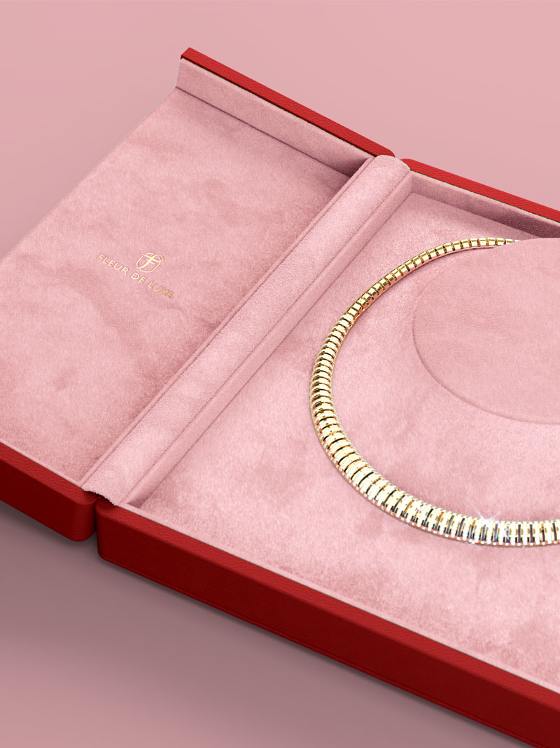 Fleur de Luxe genuine leather necklace case in red with rose-coloured interior and gold foil embossing