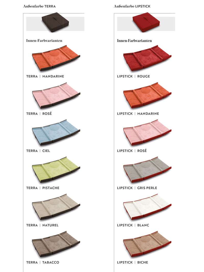 Colour overview of the leather interior of the Fleur de Luxe jewellery cases Terra and Lipstick red