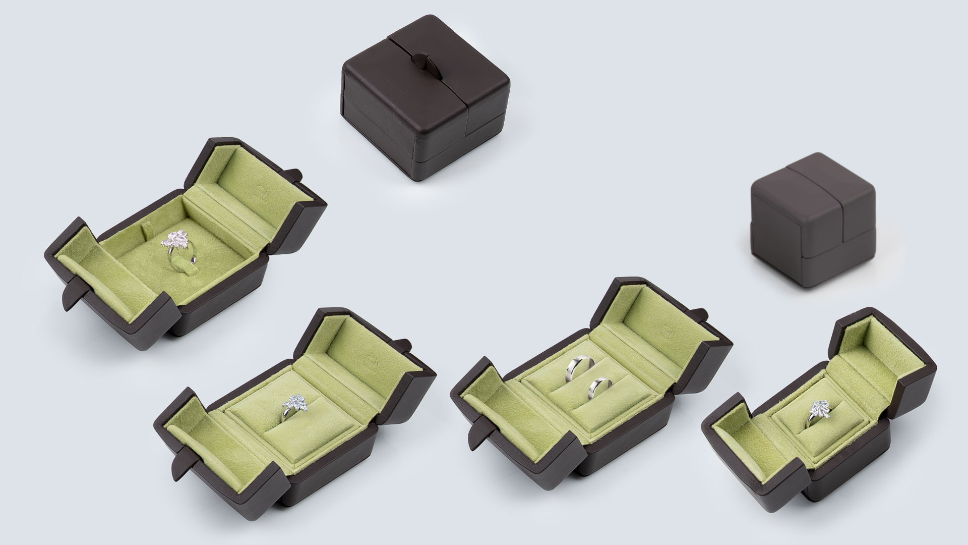 Fleur de Luxe Série écrin en cuir véritable Terra-Pistache avec 4 écrins ouverts pour anneaux et 2 écrins fermés avec différentes inserts d'anneaux