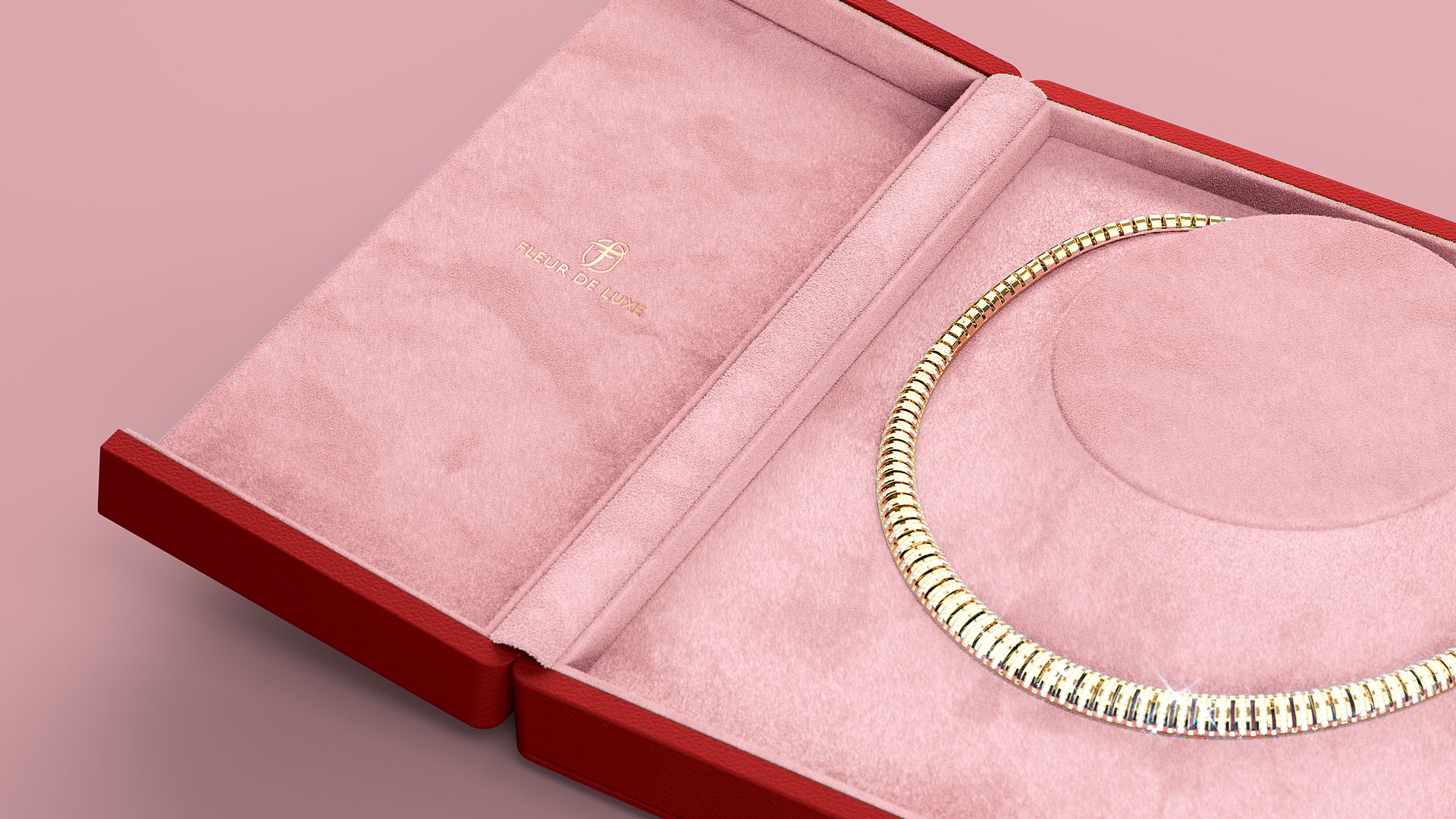 Détail de l'écrin à collier Fleur de Luxe avec insert de buste en cuir velours en Lipstick red avec rose avec collier en or