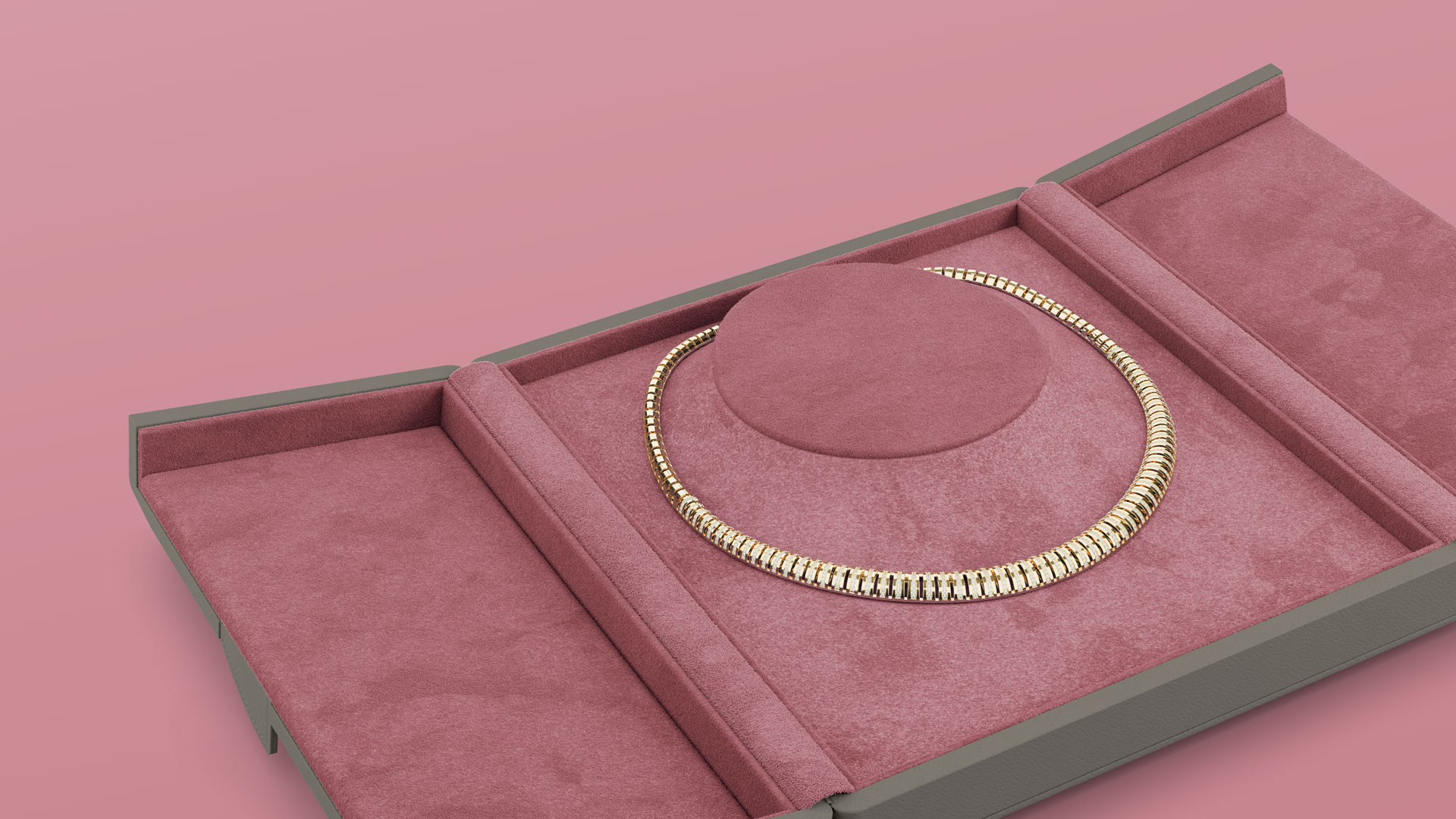 Fleur de Luxe Collier-Etui geöffnet in Grey-Brown mit Innenbezug Rosé-Fluo und Gold-Collier