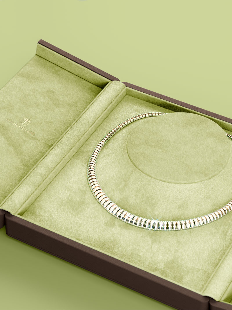 Fleur de Luxe necklace case open in terra pistache with bust inlay and gold necklace